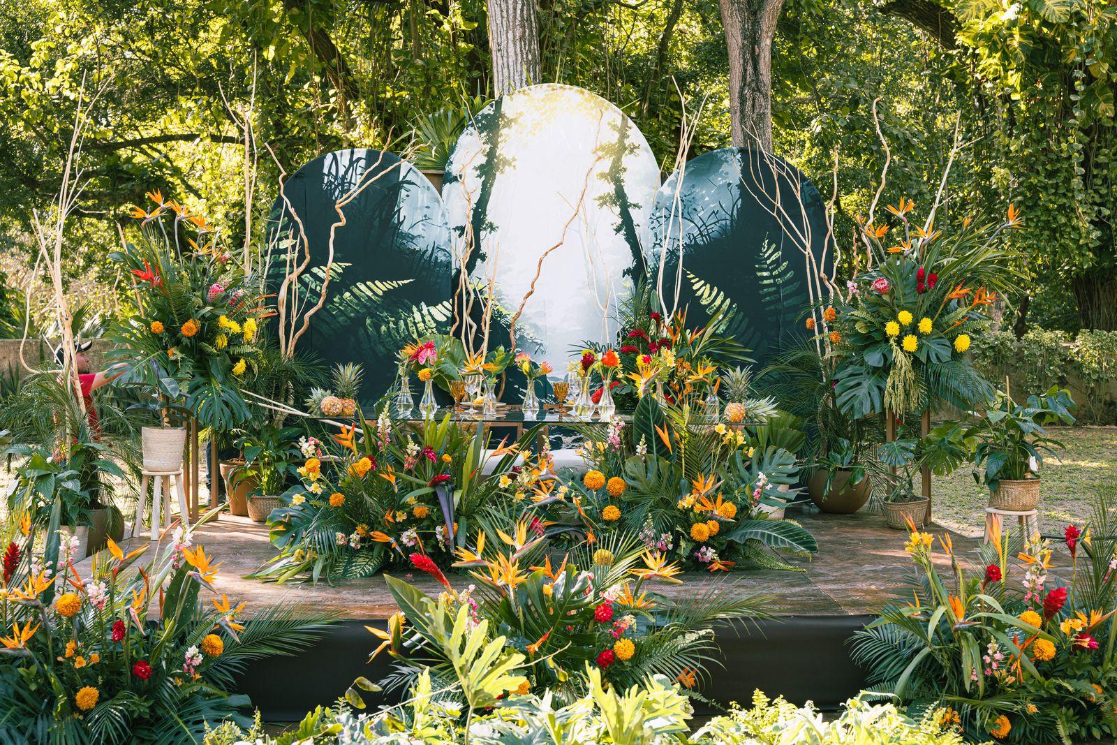 Escenario rodeado de vegetación y flores tropicales